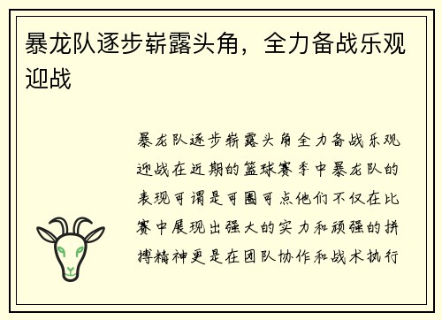 暴龙队逐步崭露头角，全力备战乐观迎战