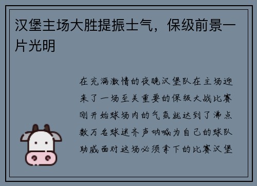 汉堡主场大胜提振士气，保级前景一片光明