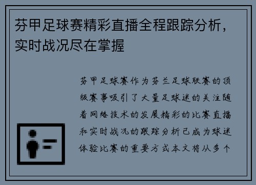 芬甲足球赛精彩直播全程跟踪分析，实时战况尽在掌握